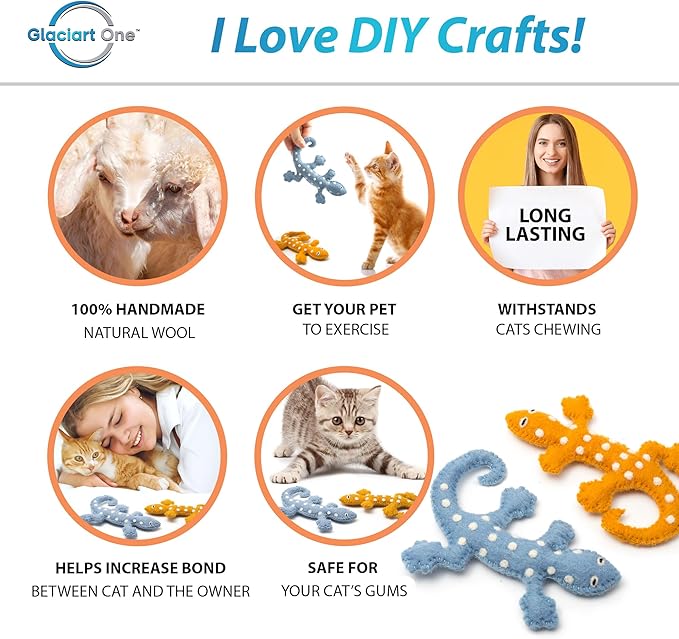 Glaciart One Felt Lizard Cat Toy – 2 Pcs | Soft Fuzzy Enrichment 100% Natural Wool - Interactive Catnip Play Cat Toy Set - Safe for Pets, Non-AZO Colored Dyes