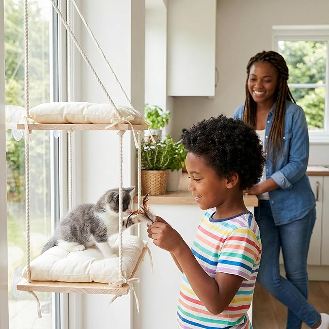 Loscarol Cat Window Perch for Large Cats, Double Layer Wooden Feline Hammock Seat with Heavy Duty Suction Cups, Easy Assembly Sill Ledge Bed for Multiple Kitties, Indoor Sunbathing Lounger