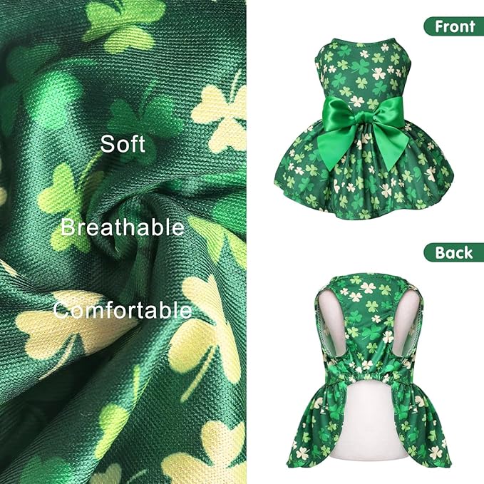 Idepet St. Patrick's Day Dog Dress with Bow Dog Tulle Skirt for Small Dog Girls Green Puppy Dress Cat Apparel Pet Holiday Outfits (Green, Large)