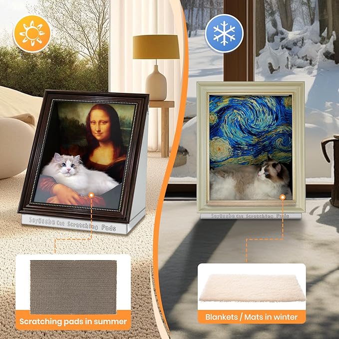 Mona Lisa Cat Bed Painting Cat Scratcher Bed CartBoard Cat House Beds for Indoor Cats Half-Surround Design W/Horizontal Cat Scratcher Scratching Board W/Catnip (The Star Night, Frame Pre-Taped)