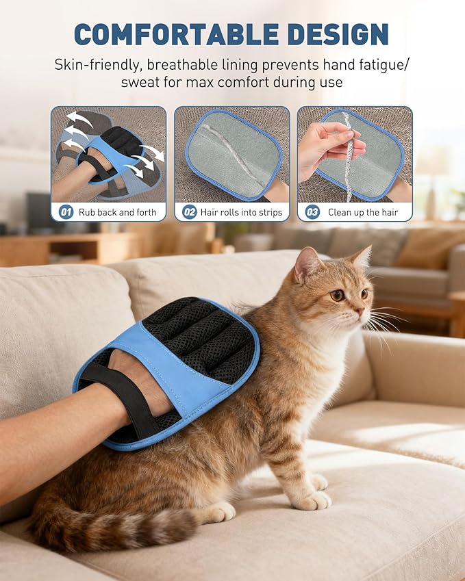 2 Pack Pet Hair Removal Glove - Electrostatic Magic Brush Gloves Pet Hair for Dogs and Cats, The Magic Brush Pure Path Pet Grooming Needs, Fur Remover for Furniture, Clothes, Car Seats (Blue)