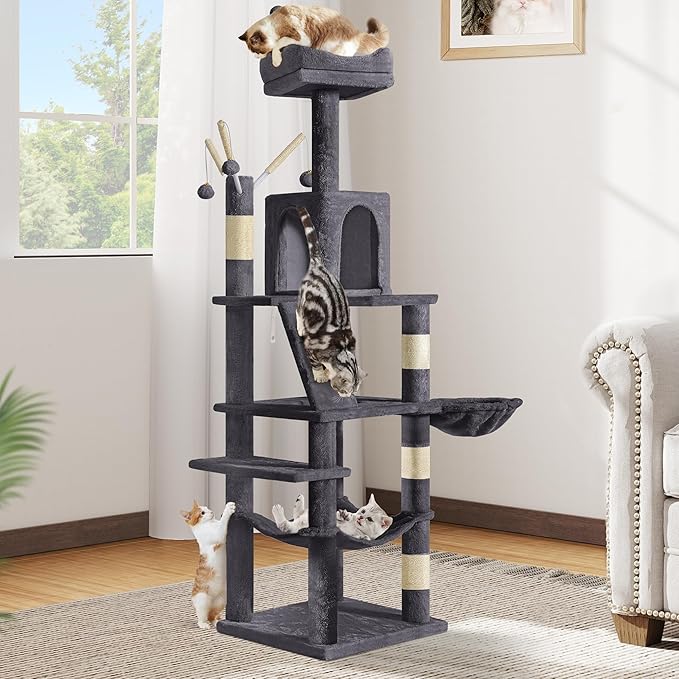 DWVO 64.5 Inch Tall Cat Tree, Multi-Tier Cat Condo with Hammock, Scratching Posts & Play Balls for 2-3 Cats (Dark Gray)