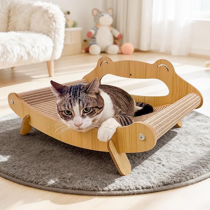 Sisal Cat Scratcher Bed with Hammock, Solid Wood Frame Cat Scratch Pad & Lounger for Indoor Cats, Durable Natural Sisal Cat Furniture Protector for Scratch, Rest and Sleep(Large)