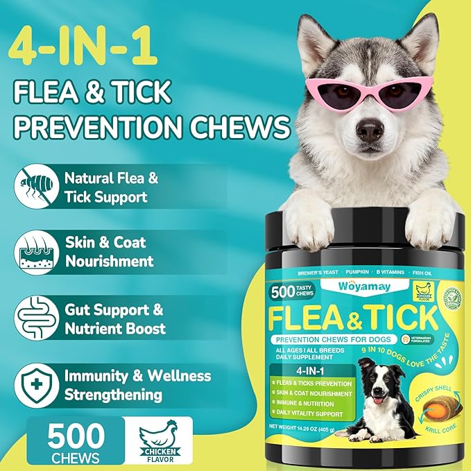 Woyamay Cat & Dog Flea and Tick Prevention Bundle, 500 Crunchy Dual-Texture Chews Each, Natural 4-in-1 Flea Defense with Skin, Coat, Gut & Immune Support, Oral Daily Flea Treatment for Cats & Dogs