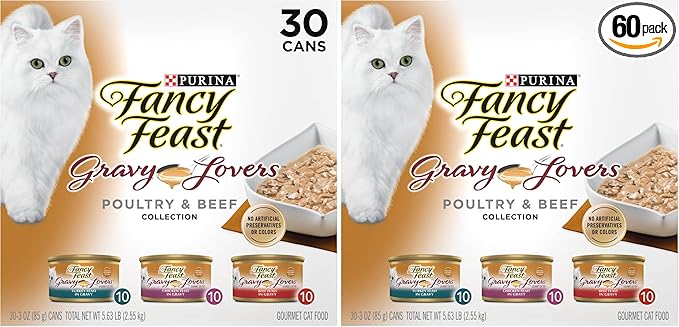 Fancy Feast Purina Gravy Lovers Poultry and Beef Grilled Gourmet Wet Cat Food Variety Pack - 3 oz. Cans,(Pack of 60)