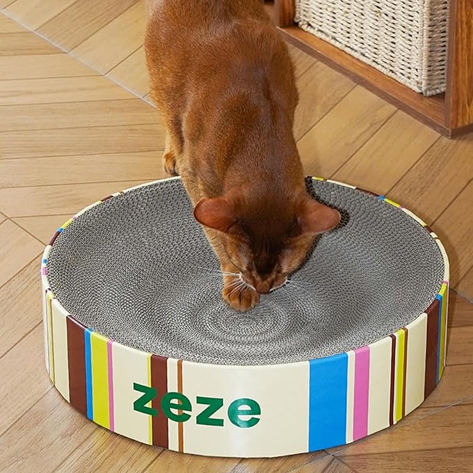 ZEZE Round Cat Scratcher Bed — Durable Corrugated Cardboard Cat Lounge, Scratch & Sleep Bowl Shape Cat Bed, Cozy Curved Design, Minimal Mess, Sturdy Edge Support (Cream Mille-Feuille)