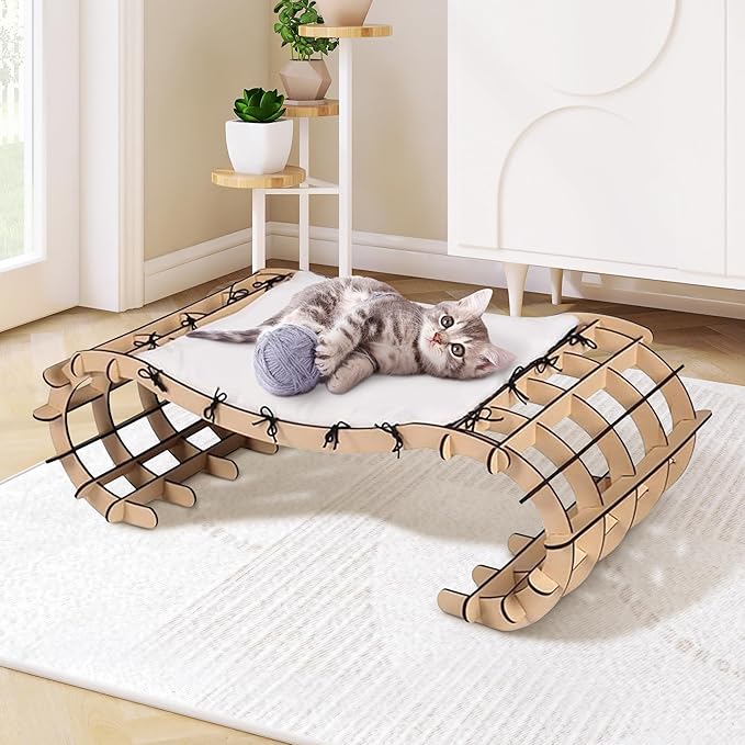 Jerry & Maggie Cat Hammock Bed for Cat Lounger, Wood Cat Beds for Indoor Cats, Cute Kitty House Furniture Toy with Soft Cozy Washable Removable Seat for Sleeping Playing and Lounging