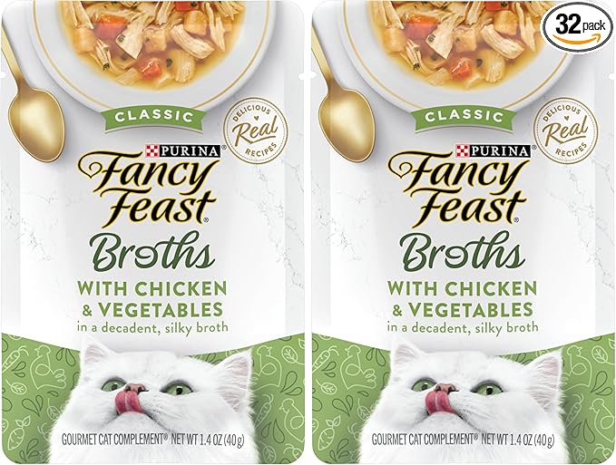 Fancy Feast Purina Broths Classic with Chicken and Vegetables Lickable Wet Cat Food Broth Topper, 1.4 oz Pouches (Pack of 32)