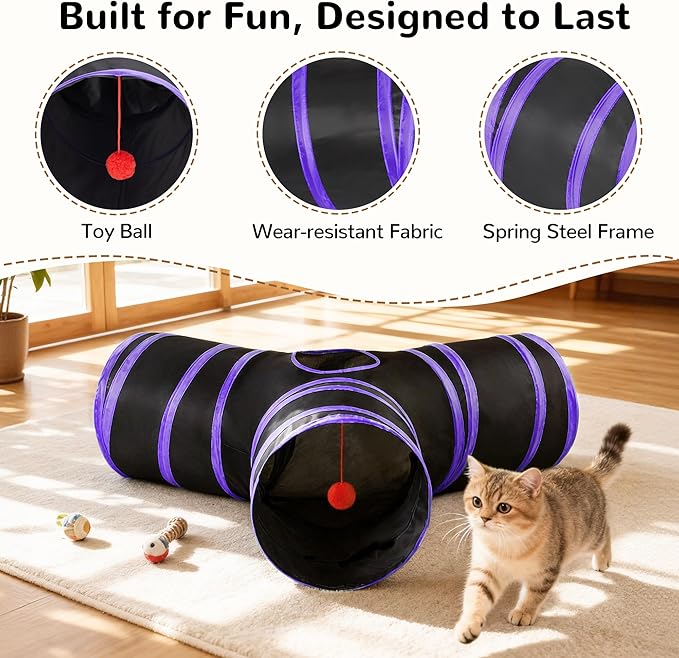 Tempcore Cat Tunnel for Indoor Cats, 3-Way Collapsible Play Tunnel with Teaser Wand, Peek Holes & Toy Ball, Small Pet Toy for Kittens & Rabbits, Black & Purple