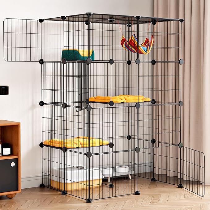 Oneluck 4-Tier Cat Cage for Indoor Cats 47.2-Inch Large Detachable Metal Wire Catio Enclosure Modular DIY Pet Playpen with 3 Platforms and 4 Doors for 1-2 Kittens 31.5 x 23.6 x 47.2 Inches Black