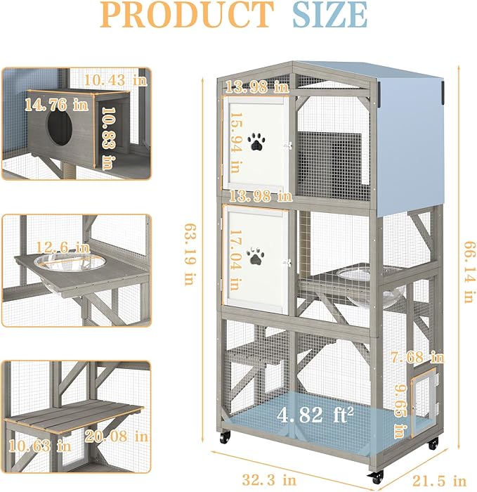 Ketive 66" H Large Catio Outdoor Cat Enclosure, Wooden Window Cat House with Wheels & 3 Platforms, Kitty Cage with Weatherproof Roof for Multiple Cats (Gray)