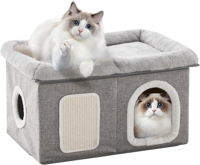 WINDRACING Cat House for Indoor Cats - 24.4" W Extra Wide Cat Bed Cave for Double Small Cats and Foldable with Scratch Pad, Cat Hideaway Condo for Kitten, 24.4x16.9x14.2 Inches, Light Grey