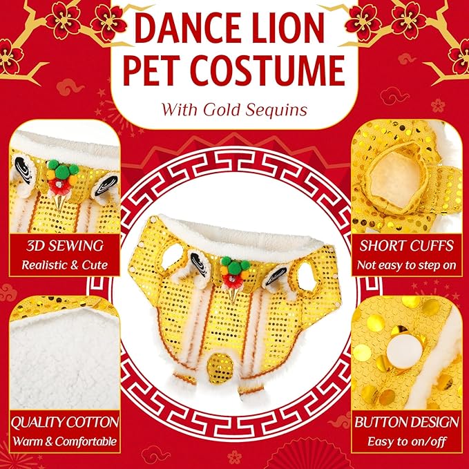 LEIFIDE Lion Dance Dog Costume Chinese New Year Pet Costume with Sequins Chinese Lion Dance Cloth Dog Clothes Hoodies Coat for pet New Year Spring Festival Dress up(Large,Gold)