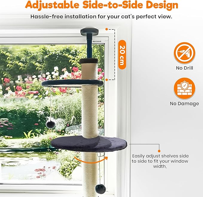 Window Cat Tree & Small Cat Tower (104.5-120.5cm) – Adjustable Cat Window Perch & Shelf for Indoor Cats – Sturdy Window Sill Extender Seat for Large Cats