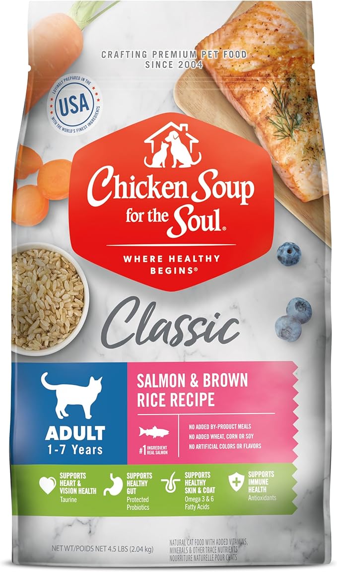 Chicken Soup for the Soul All Natural Premium Adult Dry Cat Food, Real Meat First Ingredient, No By-Products, Supports Heart, Gut & Immune Health, Salmon & Brown Rice, 4.5lb