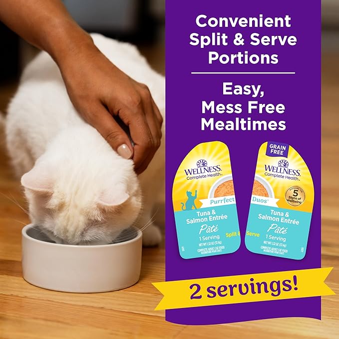 Wellness Complete Health Purrfect Duos Pate Adult Wet Cat Food, Natural, Protein Rich, Grain Free, Tuna and Salmon Entrée Recipe, 2.64 oz, Pack of 12 Split Cups