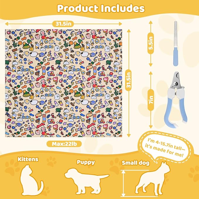 Cat Grooming Wrap & Dog Restraint Bag with Pet Nail Clippers Kit, 32x32in Self Adhesive Cat Wrap for Nail Clipping Multifunctional Care, Anti-Escape Soft Blanket Swaddle Within 22lbs