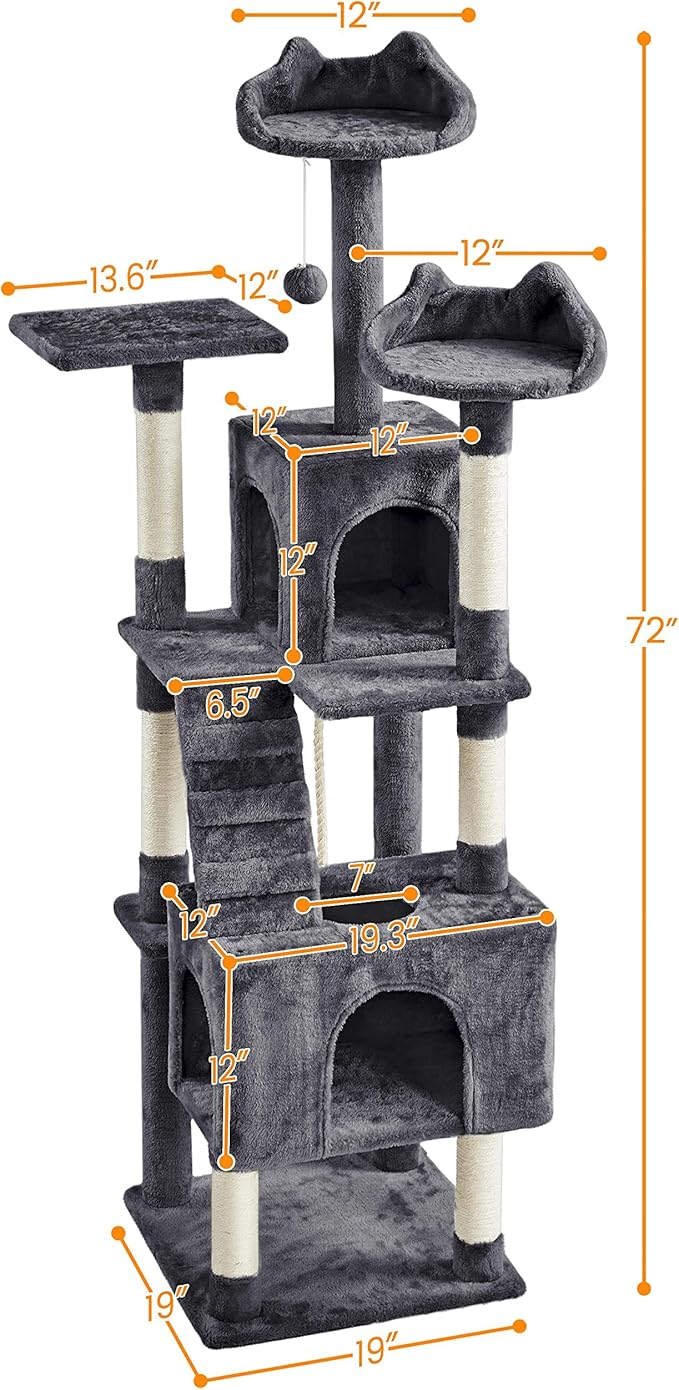 Topeakmart 72in Cat Tree for Indoor Cats, Multi-Level Climbing Tower with Scratching Posts, 3 Perches, Pet Furniture Activity Center Play House
