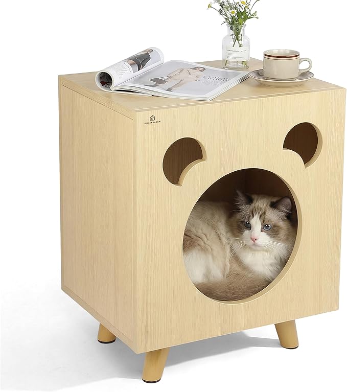 Cat End Table Aluminum Bed Table, Nightstand, Cat Litter Box Enclosure for Indoor and Outdoor with Cabinet Legs and Countertop, Weatherproof, Beige