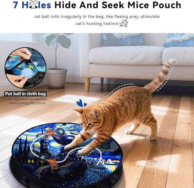 Interactive Cat Toy with Motion Activated Ball & 7-Hole Play Mat, Hide and Seek Exercise Game for Indoor Cats, Automatic Moving Cat Ball in Pouch, Rechargeable Kitten Toys (Starry Night)