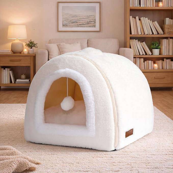 Cat Bed for Indoor Cats,2-in-1 Convertible Cat Bed & Cave,Foldable Washable Cat House,Soft and Thick Removable Inner pad, Anti-Slip Bottom,cat Tent for Kittens,Cats & Small Dogs,Cream