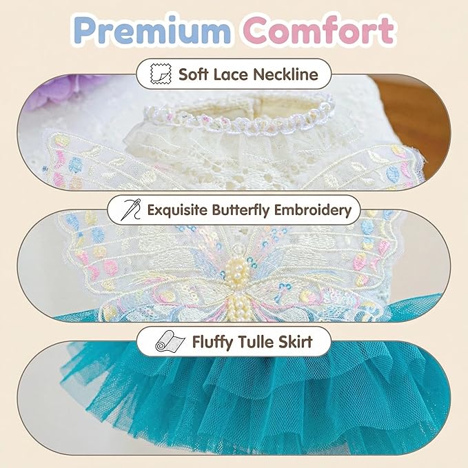 Fairy Dog Dress for Small Dogs & Cats, Lake Blue Princess Outfit with Embroidered Butterfly Wings, Lace Top & Soft Tulle Skirt, Snap Closure (XS)