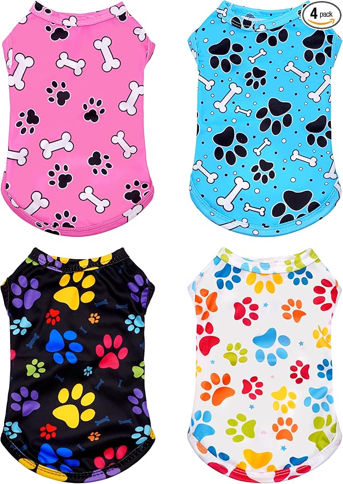 PET SHOW 4 Pack Paw Bone Printed Dog Clothes Shirts Soft Dog Vest Lightweight Sleeveless Cats Doggies T-Shirts Puppies Tank Top Tee Cat Clothes for Small Medium Dogs White Black Pink Blue XXL