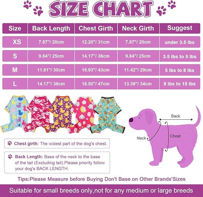 Dog Pajamas Small Sized Boy Girl, Cotton Stretchable Pet Clothes Jammies Puppy Outfits for Dogs Female Male, Spring Summer Doggie Doggy Pjs (Purple Duck, S)