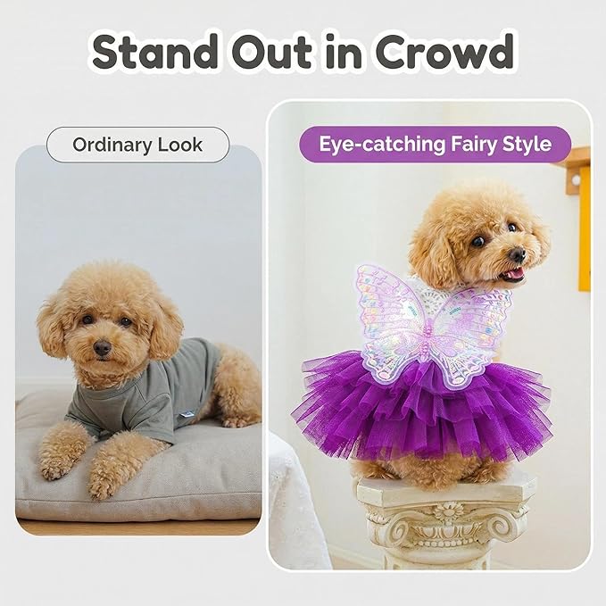 Dog Fairy Costume with Butterfly Wings, Cat Princess Dress for Small Dogs Girls, White Lace Knit Top and Purple Tulle Skirt, Fairy Wings for Dogs Halloween Outfit 4.4-6.6lbs (Purple,S)