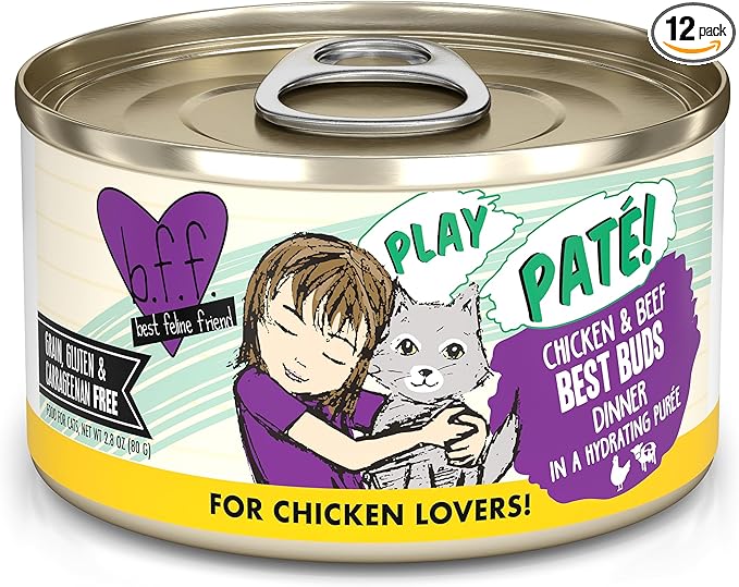Weruva B.F.F. Play - Best Feline Friend Paté Lovers, Aw Yeah!, Chicken & Beef Best Buds with Chicken & Beef, 2.8oz Can (Pack of 12)