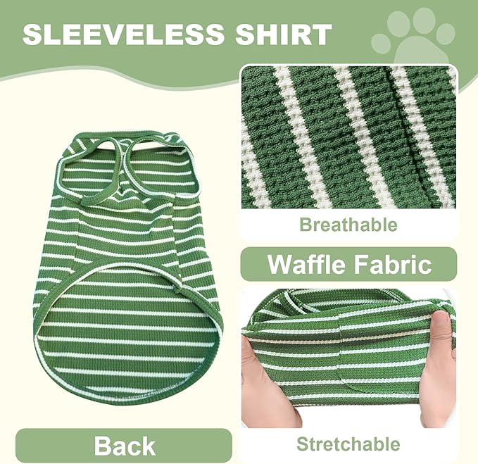 Dog Clothes, Stripe Dogs Shirts for Small & Medium Breeds, Pet Tank Top, Breathable Waffle Fabric Puppy Outfit, Shirt for Chihuahua, Yorkie, Dachshund, Corgi (Ocean, Small)