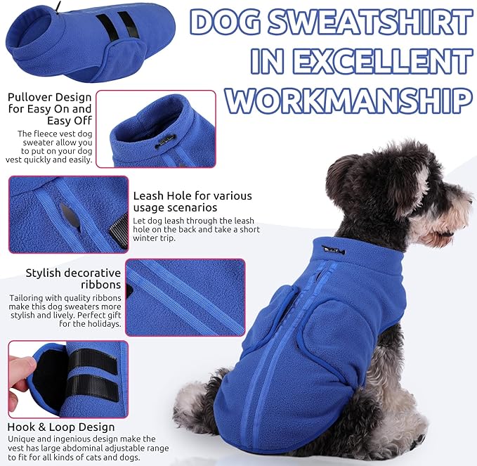 Queenmore Soft Fleece Dog Jacket, Warm Winter Coat with Leash Hole, Dachshund Sweaters for Small Dogs Cats (Blue, XL)
