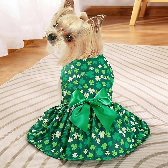 Idepet St. Patrick's Day Dog Dress with Bow Dog Tulle Skirt for Small Dog Girls Green Puppy Dress Cat Apparel Pet Holiday Outfits (Green, Medium)