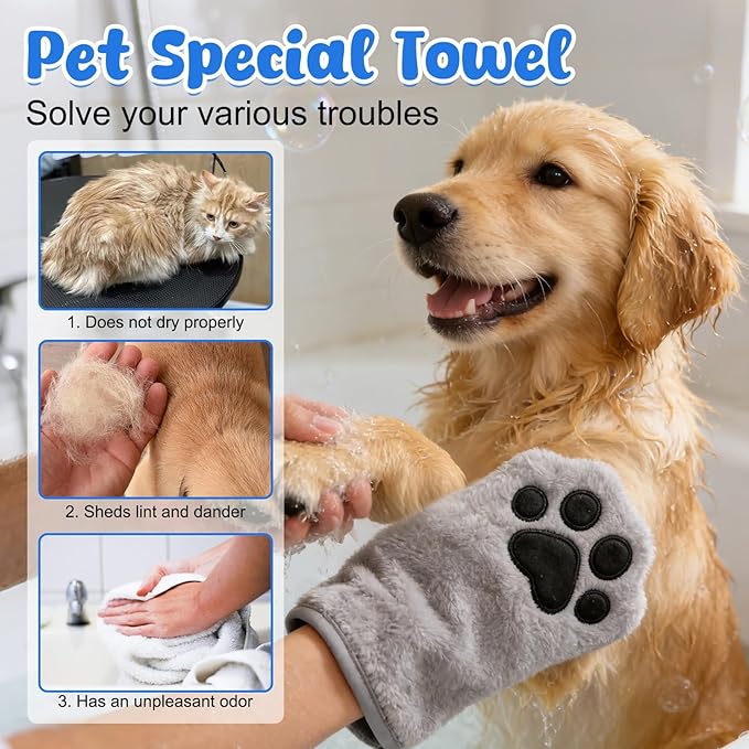 Paw Bathing Towel for Cats Puppy, Reusable Absorbent Quick-Dry Pet Grooming Towel, Soft Bath Mitt for Dirt Odor Removal, Daily Care and Travel, for Dogs & Cats (Blue+Grey)