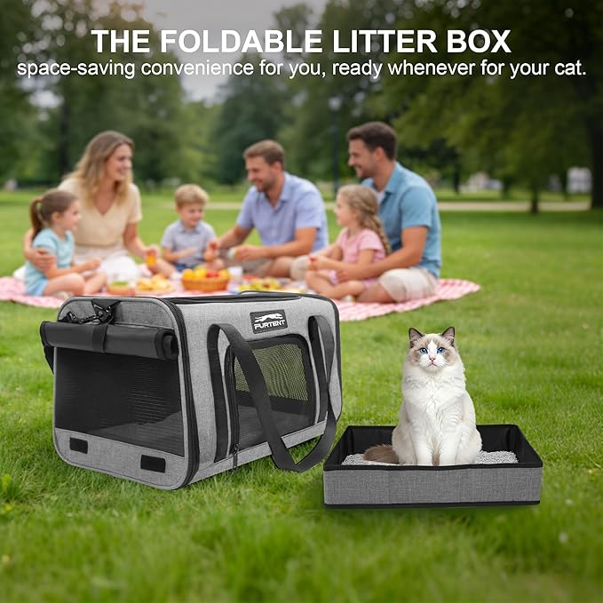 Soft Sided Cat Carrier Airline Approved up to 15lbs, 17x11x9.5 Inch Ventilated Pet Travel Bag with Foldable Litter Box & Storage, Portable Cat Transport Carrier for Flights Car Vet Gray