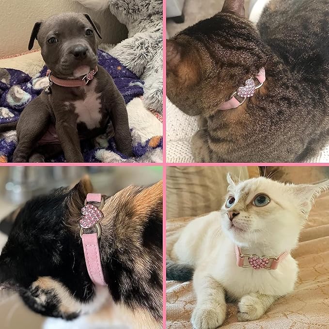 BINGPET Diamond Cat Collar,Adjustable Soft Velvet Leather Safe Kitten Collar with Shiny Rhinestones and Bells,Girl Boy Bling Cat Collars with Safety Elastic for Small Medium Cats Pack of 2（Pink）