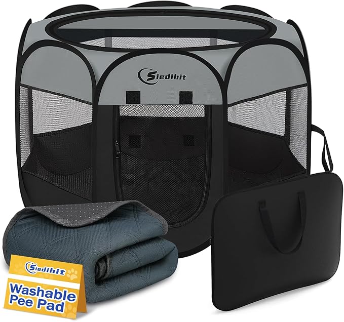 Pink Puppy Playpen for Middle Dog Cat, Dogs Tent Crate Cage Indoor/Outdoor, Portable Pop Up Dog Kennel with Carrying Bag for Rabbits, Removable Top (Dark Grey with Pad, Medium)