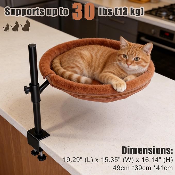 360° Rotating Cat Desk Bed, Height Adjustable Elevated Cat Perch with 2 Breathable & Warm Covers for All-Season Comfort, Quick Install, Supports up to 30 lbs