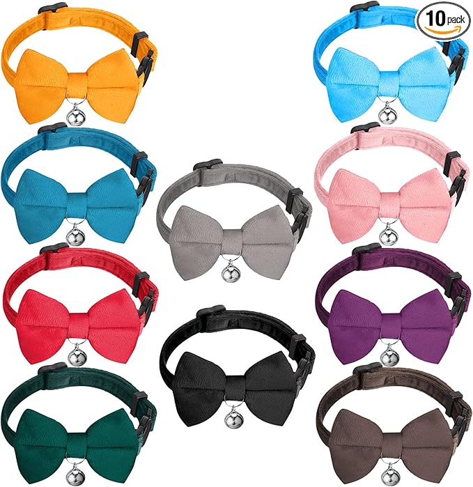 Yahenda 10 Pieces Cat Bowtie Collars with Bell Solid Colors Kitten Bow Breakaway Cat Bowtie for Boys Girls Adjustable Pet Collar with Safety Buckle Kitten Puppy Pet Accessories