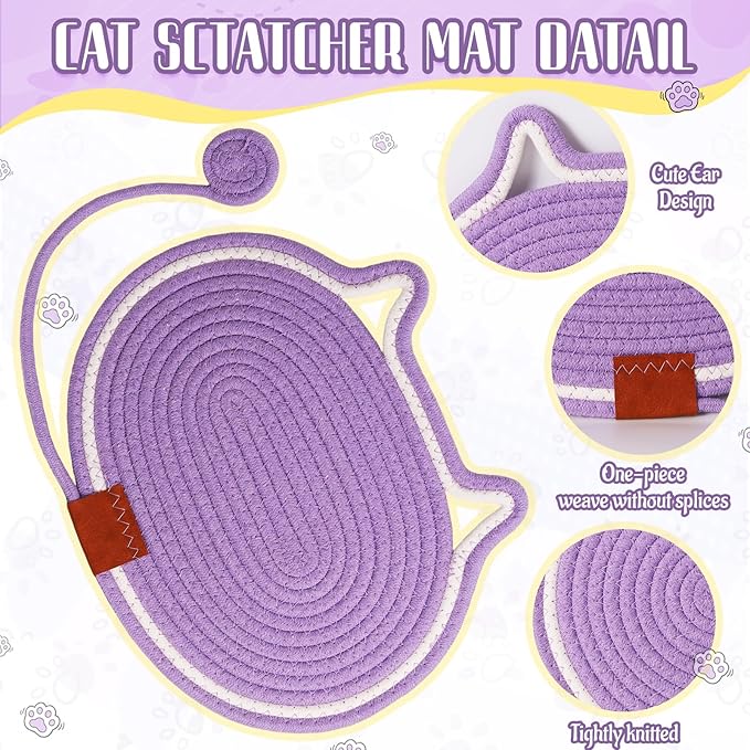 Cat Scratcher Mat Natural Cotton Rope Oval Horizontal Floor Cat Scratch Bed Pad with Ball Toy Protector for Furniture Floor Wall (Grey, 2 PC)
