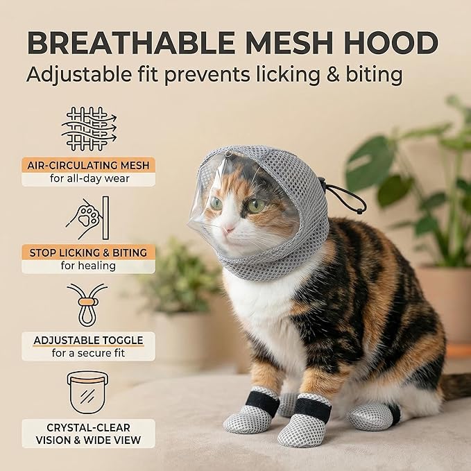 Cat Muzzle - Adjustable Anti-Bite Head Cover, Breathable Cat Grooming Helmet Mask with 4 Anti-Scratch Claw Covers for Nail Trimming, Injections & Bathing
