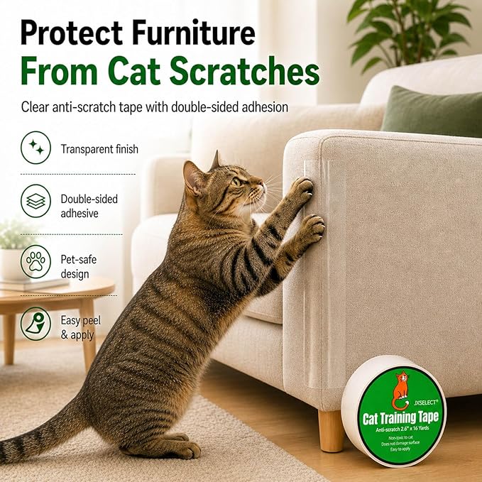 Anti-Scratch Tape for Furniture - Stop Cats from Scratching Couch, Chair Corners, Door Frames, Countertops, and Carpets, Clear Double-Sided Cat Training Tape, 2.5" x 16 Yards Roll