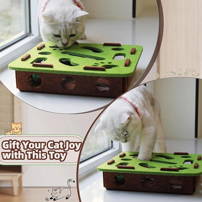 Interactive Cat Puzzle Feeder Toy - Felt Maze Box with 3 Jingle Balls for Indoor Cats Kittens | Mental Stimulation, Slow Feeding, Fun Exercise & Natural Hunting Instincts