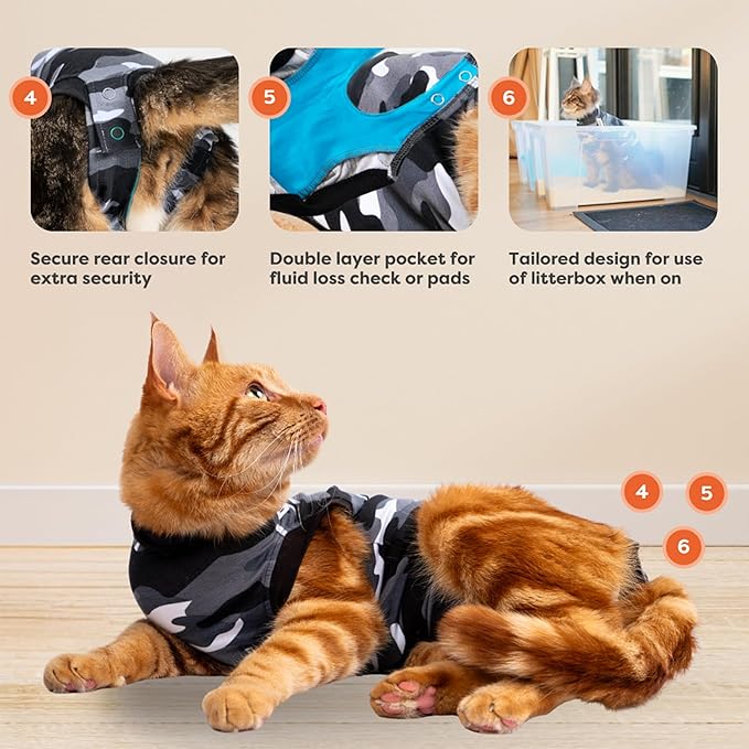 Suitical Recovery Suit for Cats - Spay and Neutering Cat Surgery Recovery Suit for Male or Female - Soft Fabric for Skin Conditions - 3XS Neck to Tail 11.4-14.6 in, Chest 23-34 in Black Camouflage