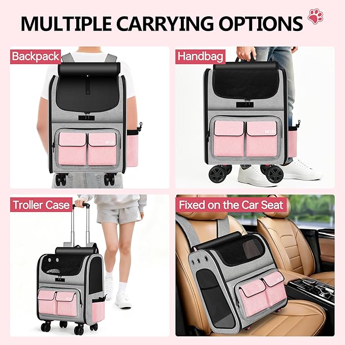 MGB Large Pet Carrier, Foldable Rolling Dog Carrier with Removable Wheels, Cat Rolling Bag 21.3"x15"x12.2" for 2 Cats & 1 Dog for Travel, Outdoor, Vet Visits, Camping, Indoor. Pink. (Not for Airline)