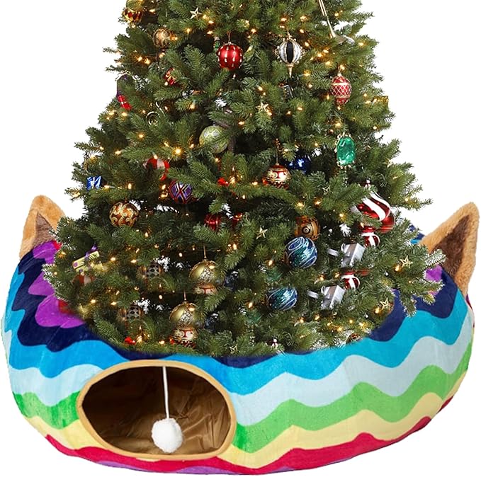 Large Cat Tunnel Bed Under Christmas Tree with Fluffy Toy Balls, Small Cushion and Flexible Design- 10 inch Diameter, 3 ft Length- Great for Cats, and Small Dogs, Rainbow Wave Color