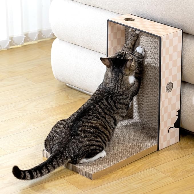 Conlun Cat Scratcher Box with Heavy-Duty Double-Sided Cardboard Pad, Cardboard Lounger, Interactive Hole Design, Cat Bed for Indoor Cats, Checkered,Large - 5 Pack