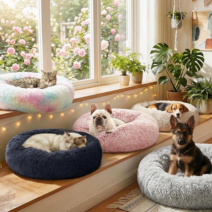 Love's cabin Calming Cat Bed for Indoor Cats, Anti-Anxiety Donut Round Dog Bed, Fluffy Faux Fur Washable Pet Bed for Small Medium Dogs and Cats, Bluish Grey, 20in