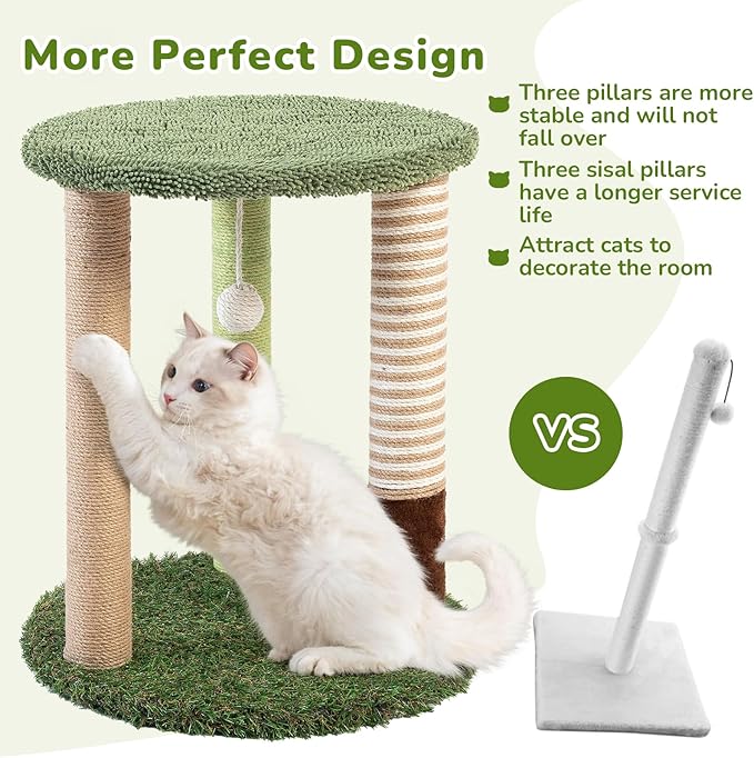 WOOCHPET Cat Tree Tower with 3 Scratcher Posts 17inch Tall Cat Tree Sisal Scratching Posts with Fun Cat Toys for Kitty and Adult Cats Small Cat Tower and Perch Bed for Indoor Cats (Green)