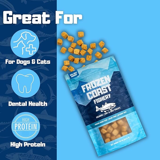 Frozen Coast Freeze-Dried Wild-Caught Salmon Cat & Dog Treats-Single-Ingredient, Omega-3, Grain-Free (5 oz Bag)